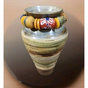 Studio Pottery Vase Signed Green Brown Raku Pot Beads Wooden Flowers 7.5"